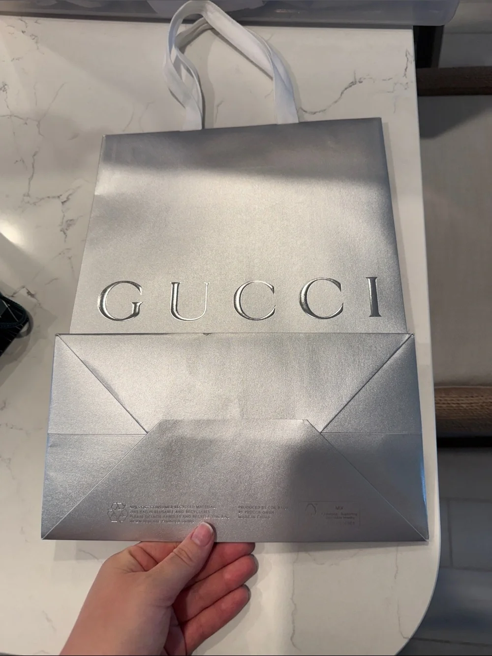 Authentic Gucci Silver Shimmer Paper Gift Bag